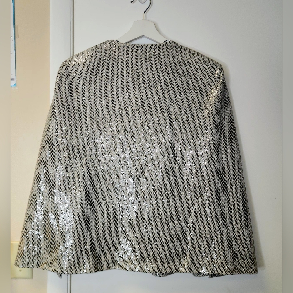 ZARA Silver Sequin Cape Blazer Jacket Metallic Size L - Picture 8 of 14